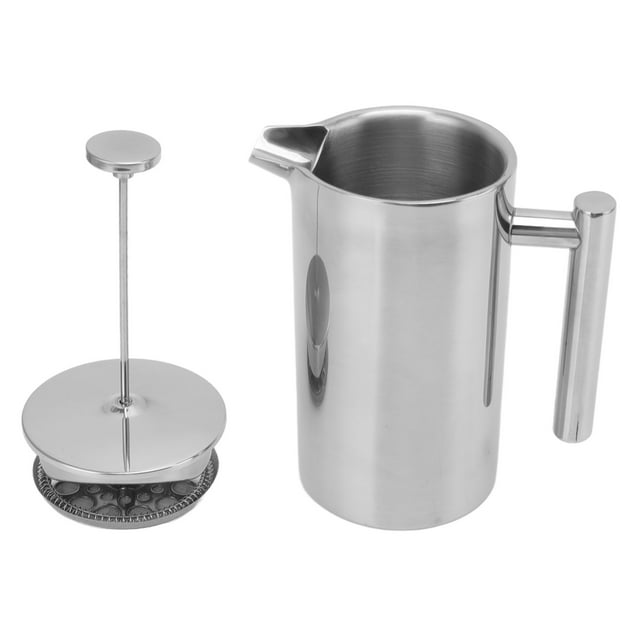 French Press Coffee Maker by YOUTHINK, featuring a double-wall 304 stainless steel design with a filter screen. The image shows the coffee press pot with a sturdy handle and a separate plunger assembly. Ideal for brewing coffee, loose tea, ice tea, and milk foam, this heat-resistant French press is suitable for both indoor and outdoor use, including camping.