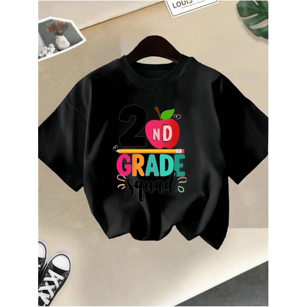 2nd Grade Graphic T-Shirt for Girls - Soft Cotton Knit, Round Neck Short Sleeve Tee with apple & Pencil Design, School uniforms & Casual Wear, inspirational Girls' Tshirt, School uniform Tee