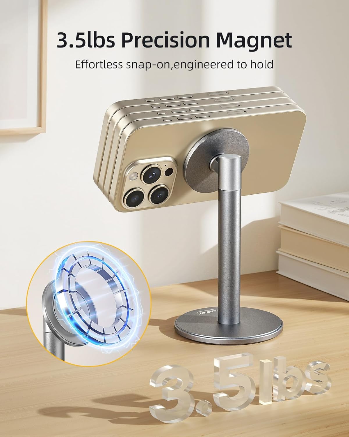Magnetic Full Aluminum Cell Phone Stand for MagSafe with Metal Ring, 360 Rotating Phone Stand for Desk, Office Desk Accessories, Adjustable Phone Holder Compatible with All Phones, Gray