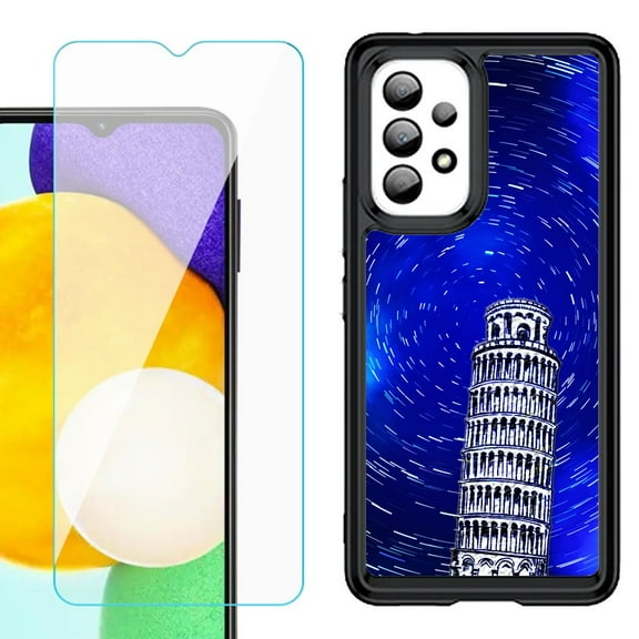 Shockproof Bumper (Black Frame) phone Case for Samsung Galaxy A23 5G, with Tempered Glass Screen Protector, by OneToughShield ® - Tower of Pisa