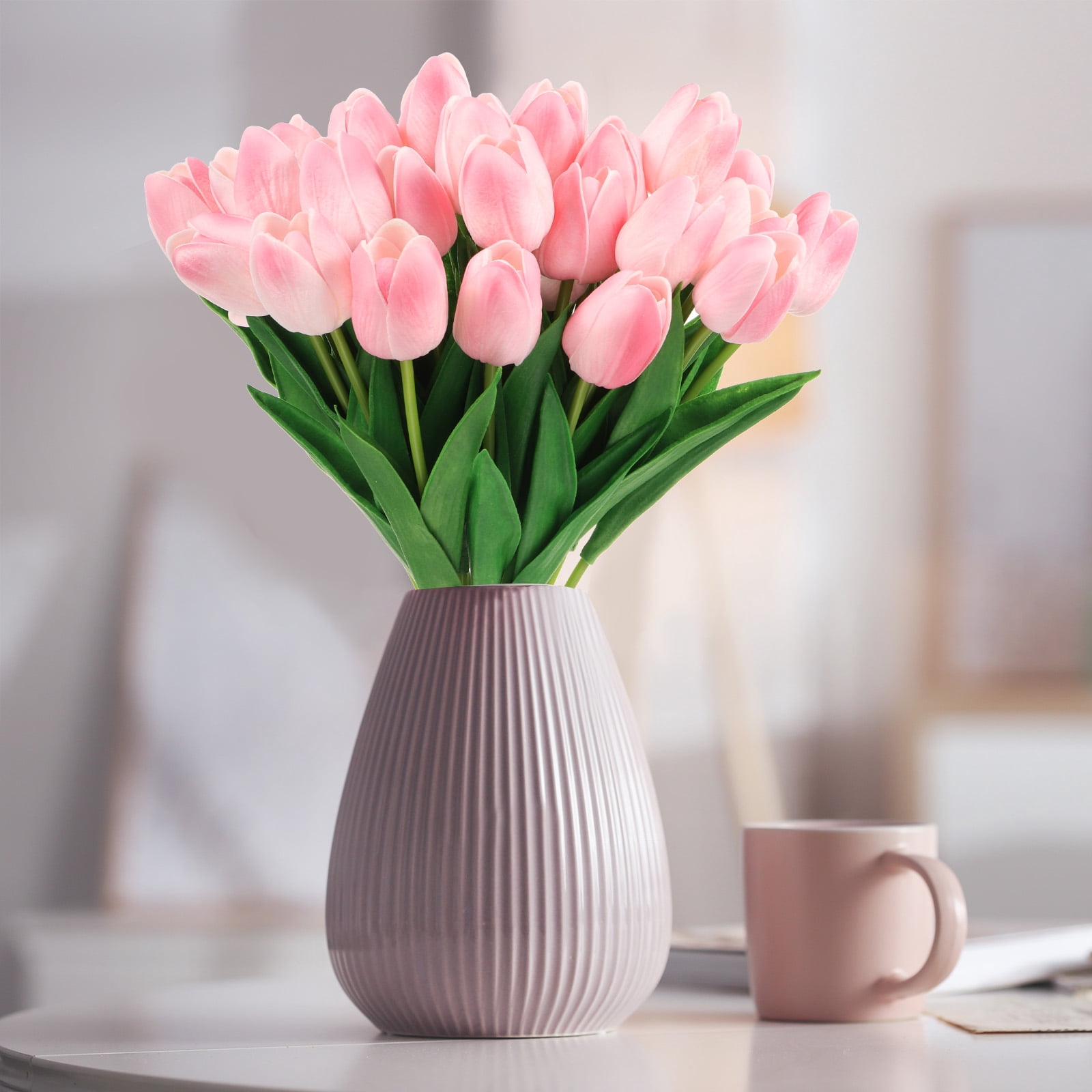 Uxcell 24Pcs Fake Tulips Artificial Flowers, PU Artificial Tulips That Look Real with Stems, Light pink