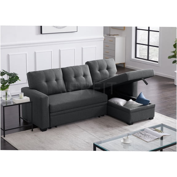 JERFIT Modern Dark Gray Linen 3-Seater Pull-Out Sleeper Sofa with Storage Chaise