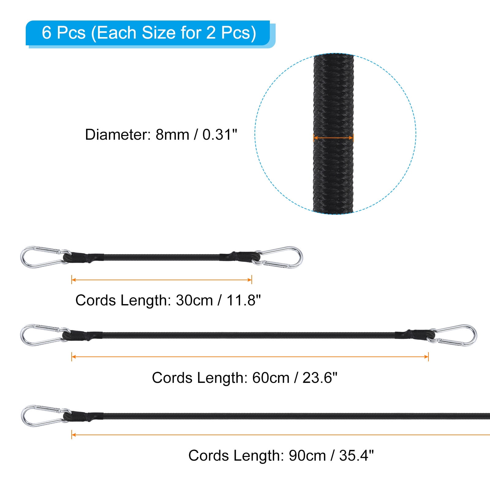 Uxcell 11.8" 23.6" 35.4" Bungee Cords 1 Set Heavy Elastic Bungee Rope with Aluminum Alloy Hooks for Camping Black
