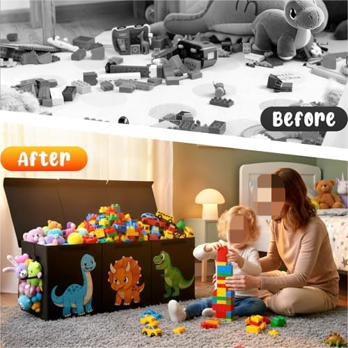 Extra Large Collapsible Toy Box Chest, Sturdy Dinosaur Toy Storage Organizer with Lids, 40"x16"x14", Toy Box for Boys Girls, Cute Kids Bin Baskets for Living Room, Playroom, Nursery, Bedroom, Black