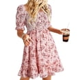 thumbnail image 3 of Vestido Informal de Verano para Mujer, Corta, Cuello Cuadrado, Fruncido, Estilo Bohemio, Floral, Minivestido Fluido de Corte A Rosa XXL, 3 of 8