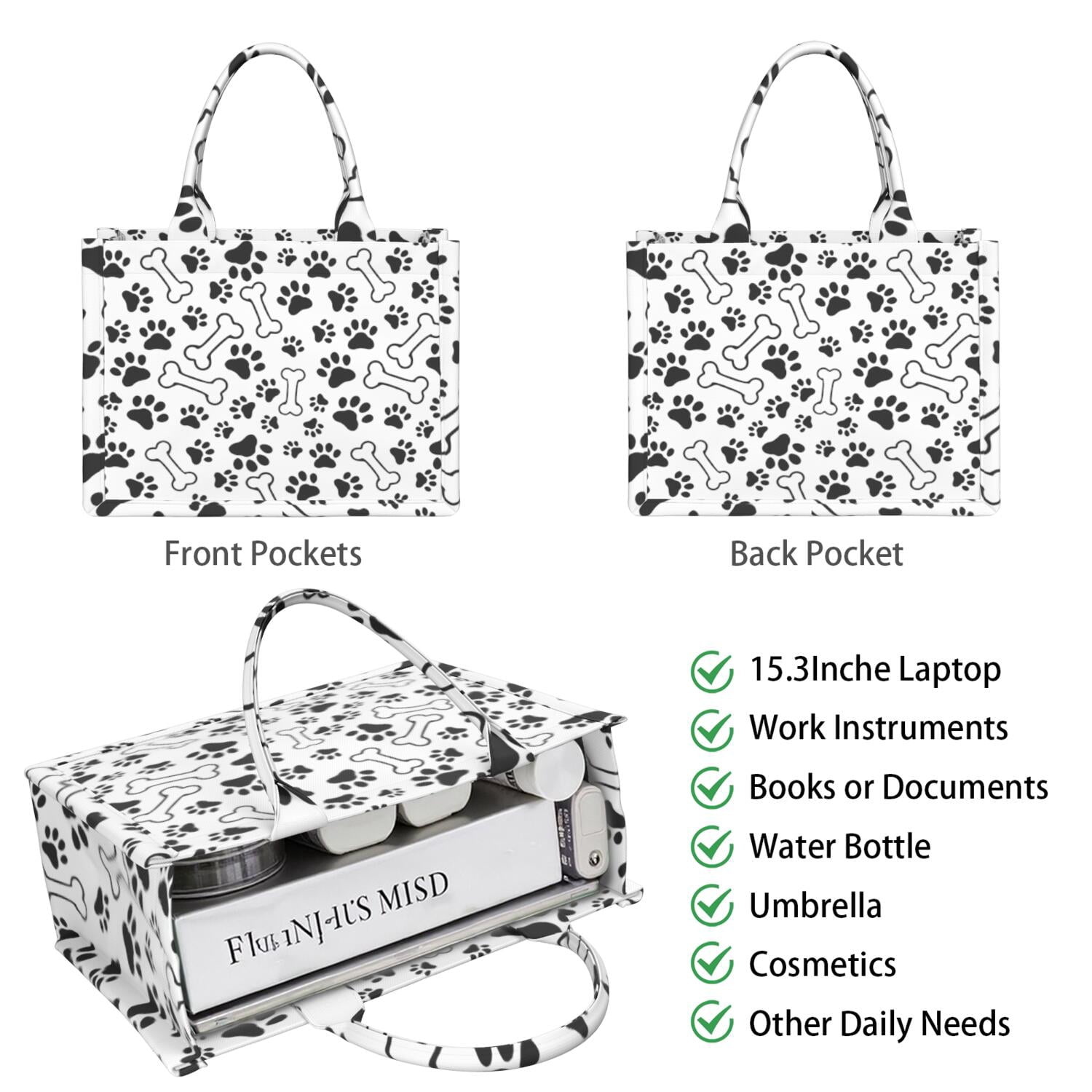 Large Capacity Tote Bag,Pet Paw Print and Bone Handbag Fashion Luxury Tote Bag,15.7"x13"x 5.1" Inches,Laptop Compatible