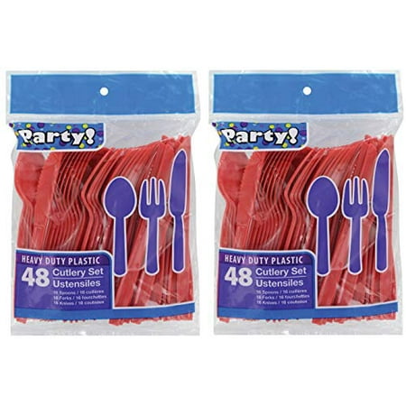 

Heavy Duty Plastic Cutlery Set in Red- 32 Spoons 32 Forks 32 Knives