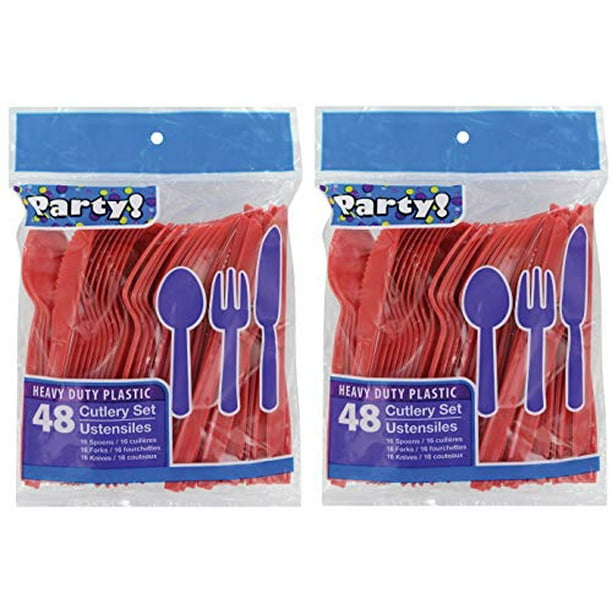Heavy Duty Plastic Cutlery Set in Red 32 Spoons, 32 Forks, 32 Knives