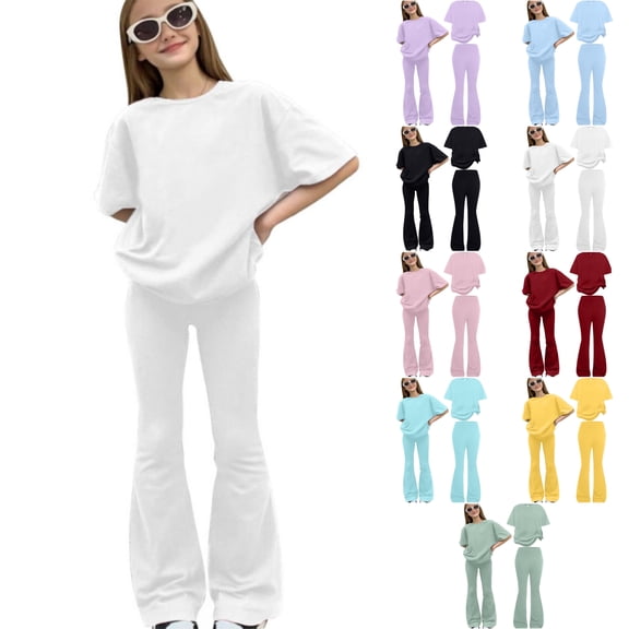 SGMVNU Tween Girls Clothes 2 Piece Summer Outfits Short Sleeve Casual Loose Tops and Flare Pants Matching Clothing Sets, Size 11-12 Years, White