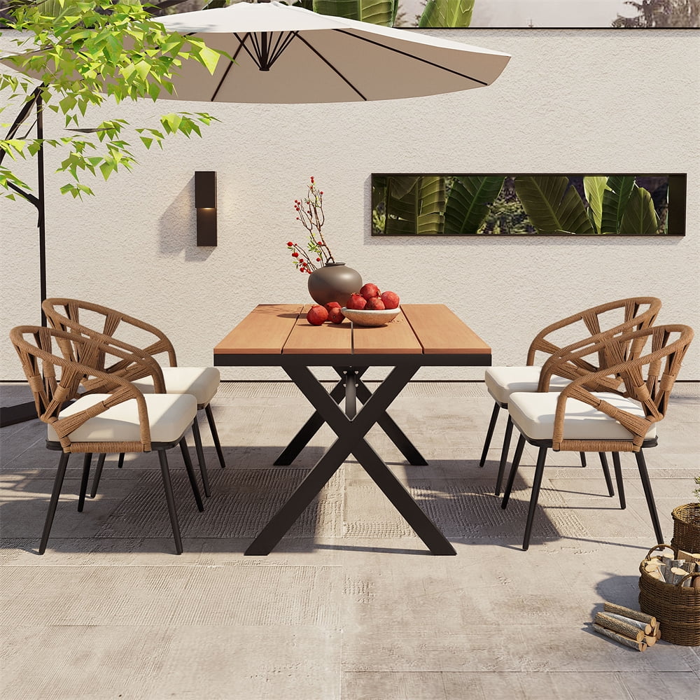 5 Pieces Outdoor Patio Dining Set, Outdoor Contemporary Acacia Wood Table and Chairs Set for Garden & Poolside, Yellow