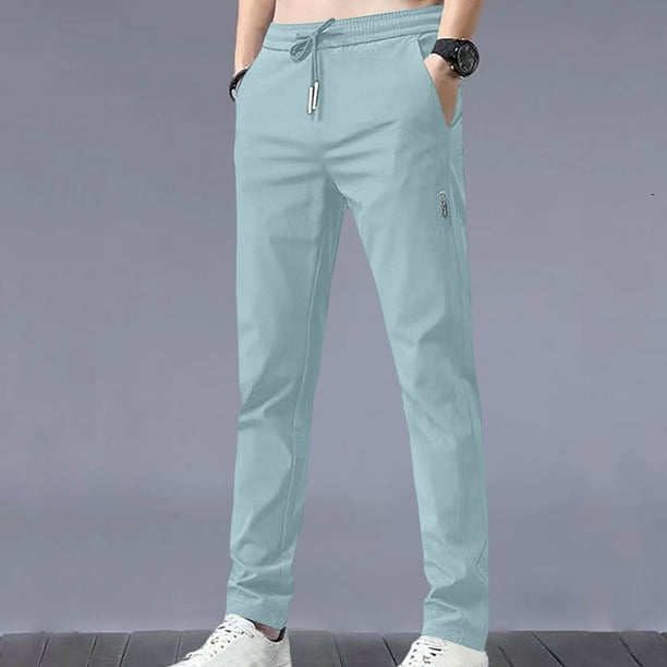 Pantalones largos de moda para hombre, color liso, con bolsillos, informales, pantalones largos de seda helada para hombre