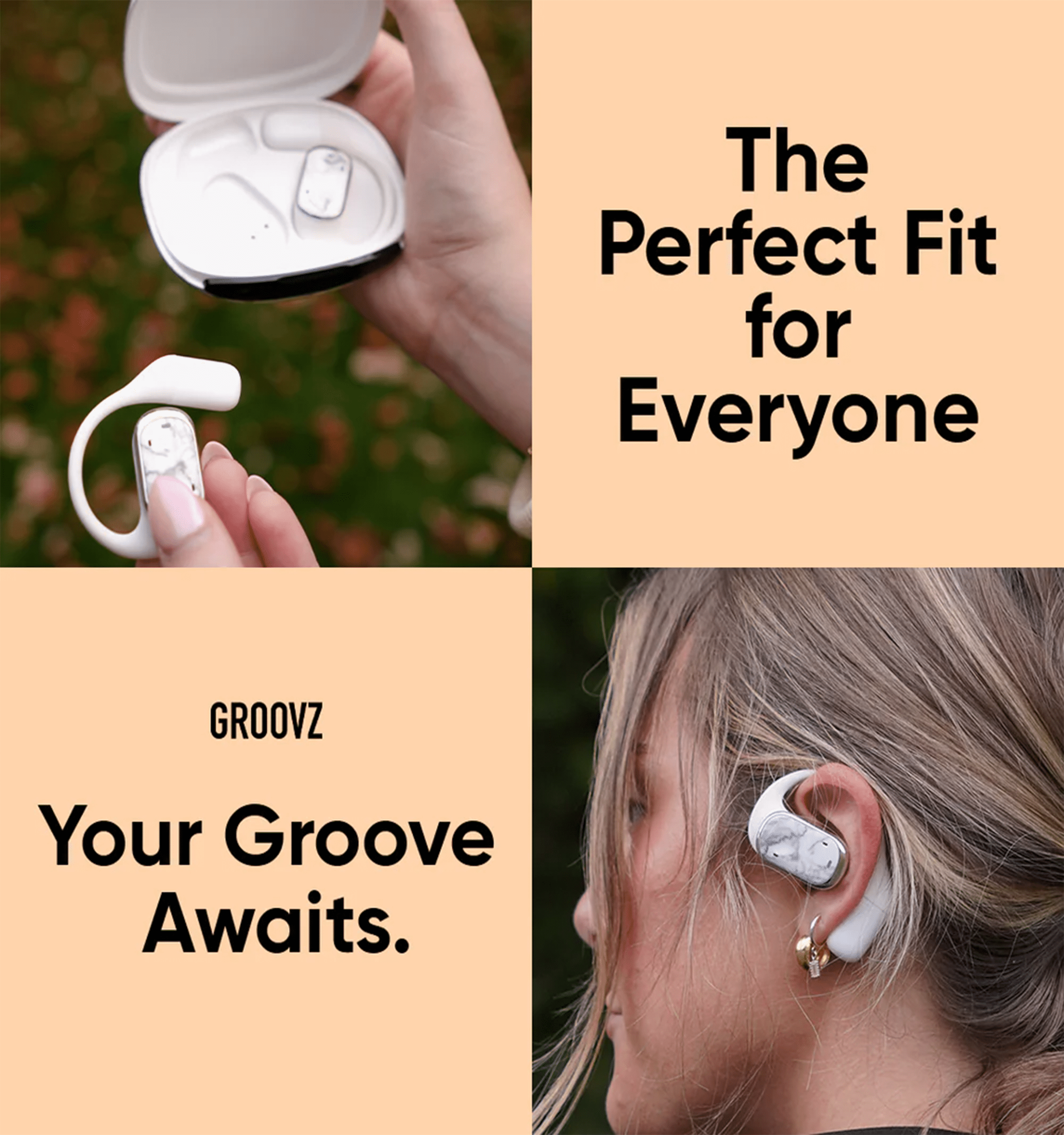 GROOVZ Open-Ear True Wireless Headphones with Charging Case - WHITE MARBLE