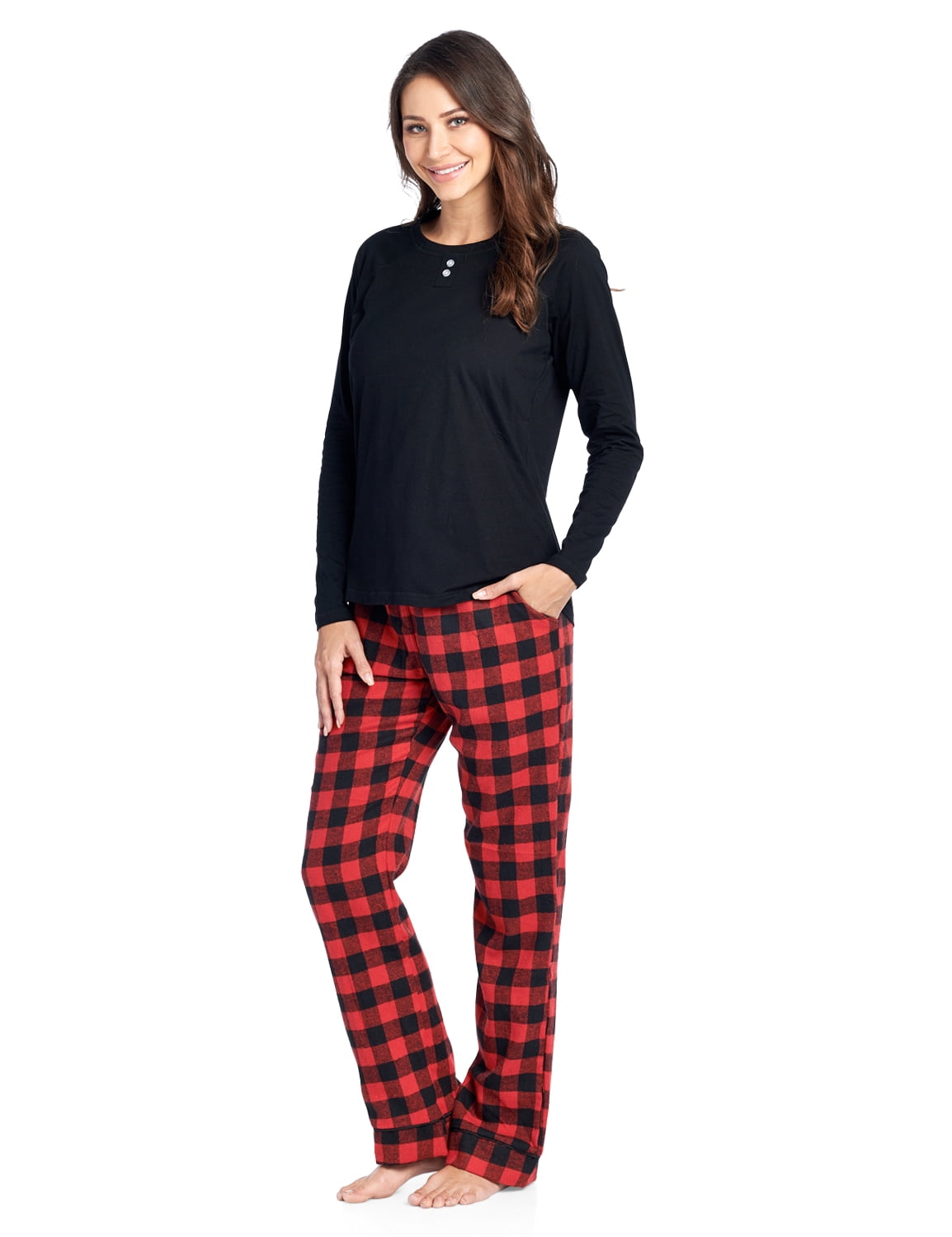 Ashford /& Brooks Womens Cotton Long-Sleeve Top and Flannel Bottom Pajama Set