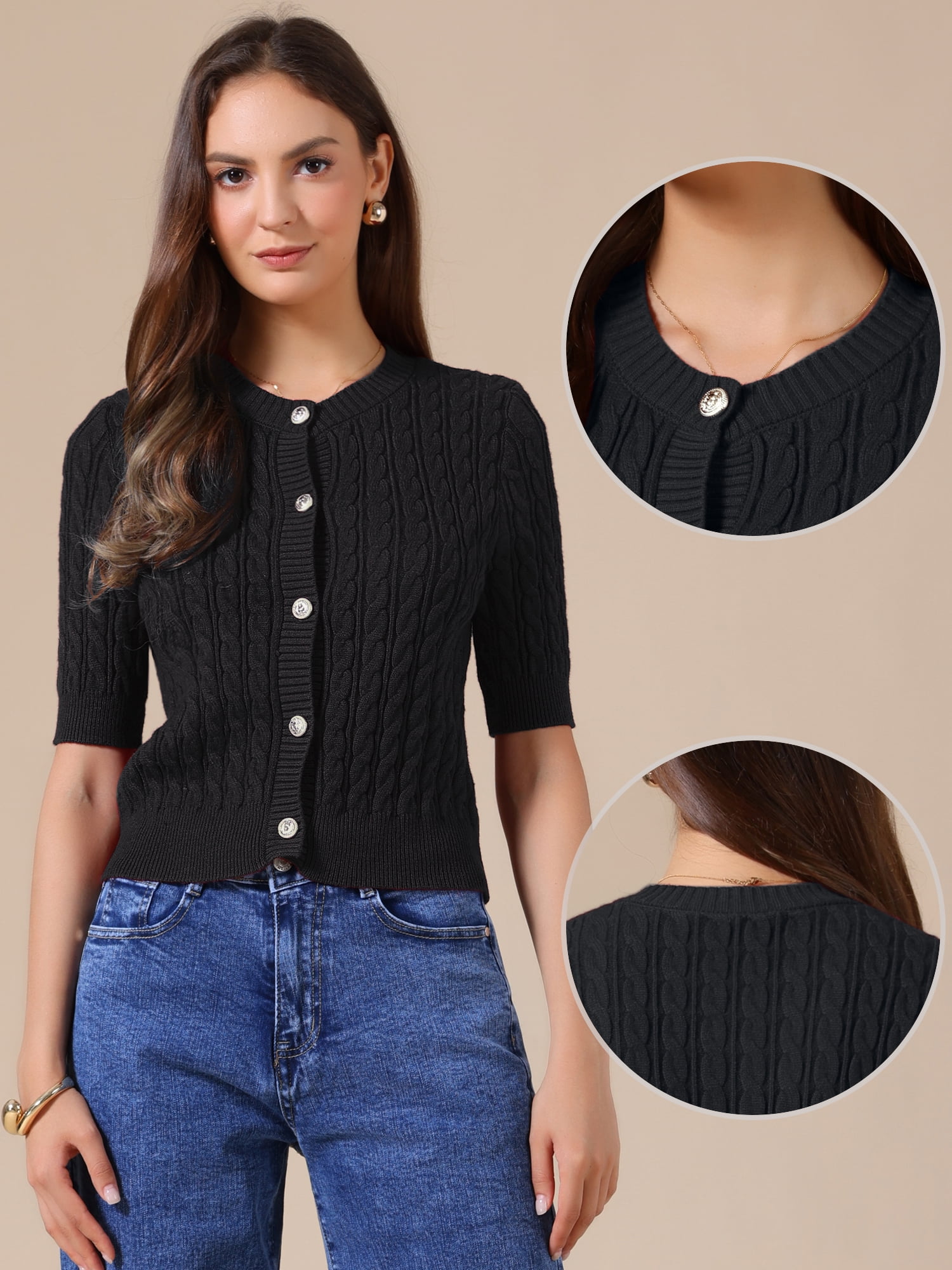 DARING DIVA Women's Short Sleeve Button Down Cable Knit Dressy Sweater M Black