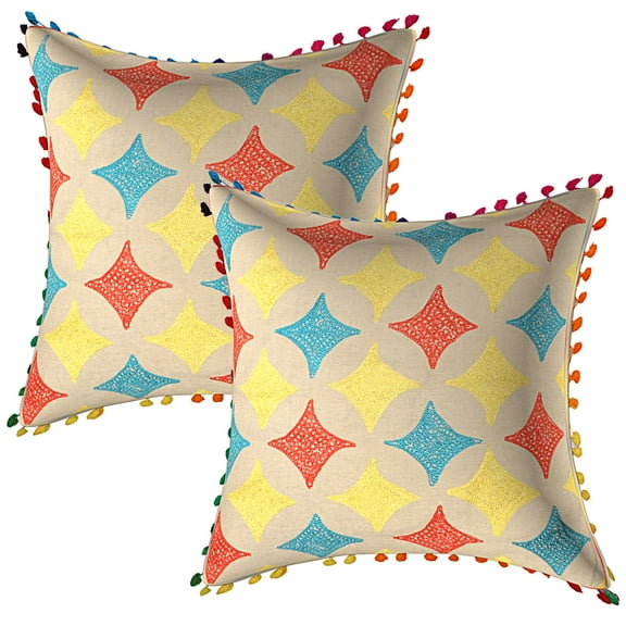 Stylo Culture Indian Decorative Throw Pillow Covers 16 x 16 Towel Embroidered Multi Color Zippered 40cm x 40cm Pom Pom Lace Cotton Geometric Square Cushion Covers | Set Of 2