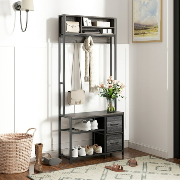 HOMCOM 5-in-1 Hall Tree with Bench and Shoe Storage, Entryway Bench with Coat Rack, 3 Storage Compartments, 2 Fabric Drawers, Weathered Gray Oak