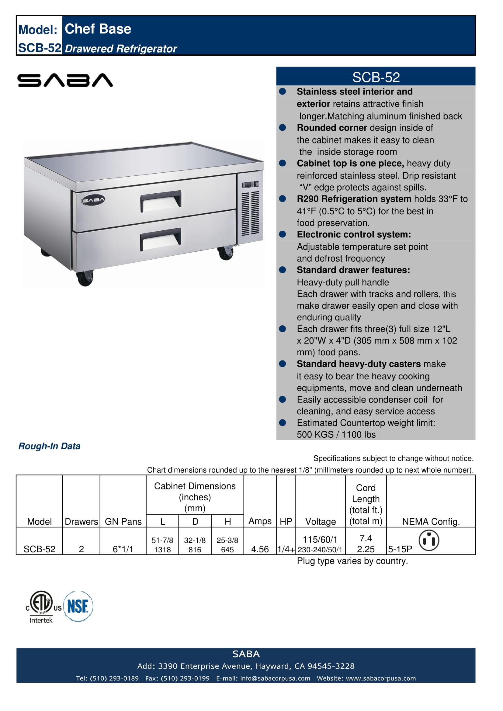 Heavy Duty Commercial 52" Chef Base 2 Drawer Refrigerator