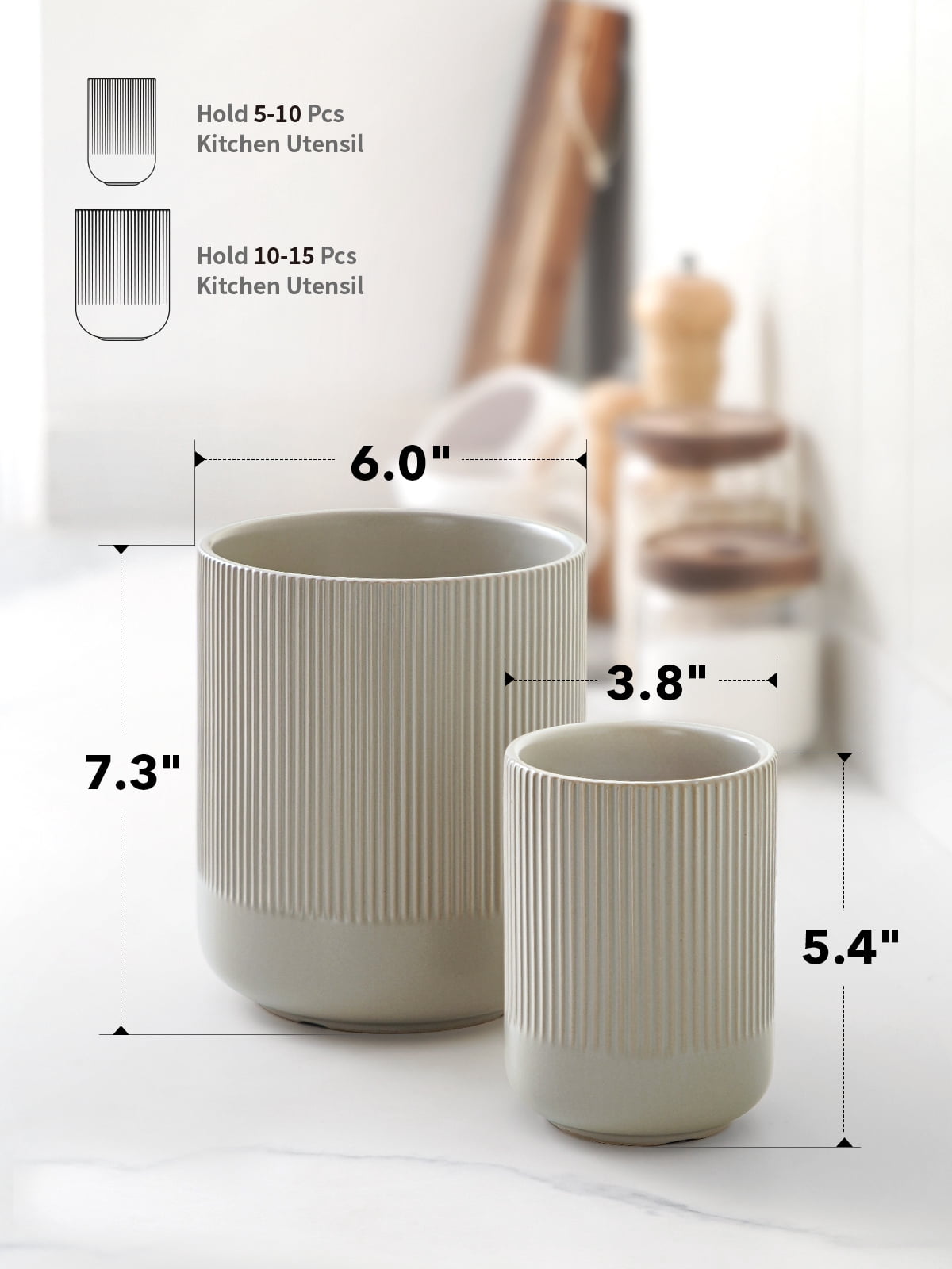 LE TAUCI Set of 2 Utensil Holder, 7.3"+5.4" Ceramic Crocks for Kitchen, Cooking Organizer & Plant Pots, Oatmeal Gray Kitchen Organizer