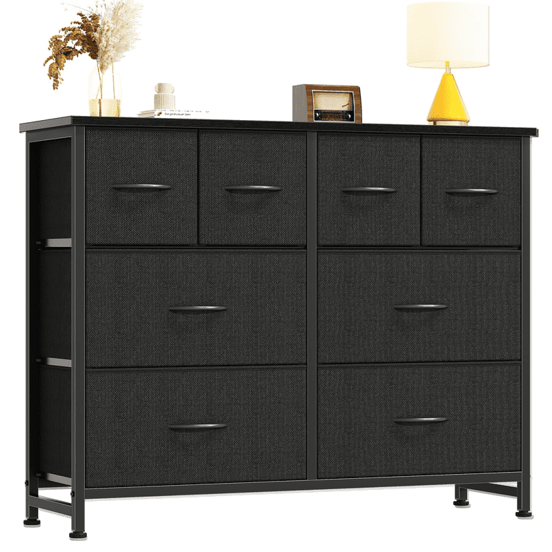 Kelno 8 Drawers Fabric Dresser Wide Wood Top Cabinet Storage Tower Metal Frame Clothes Organizer for Bedroom Living Room,Black