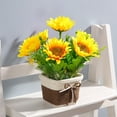 thumbnail image 1 of Flores artificiales para la decoración del hogar - Ramo de girasol y rosas con eucalipto en maceta tejida a mano, rosa morado amarillo verde, 7-8 pulgadas, 1 of 7