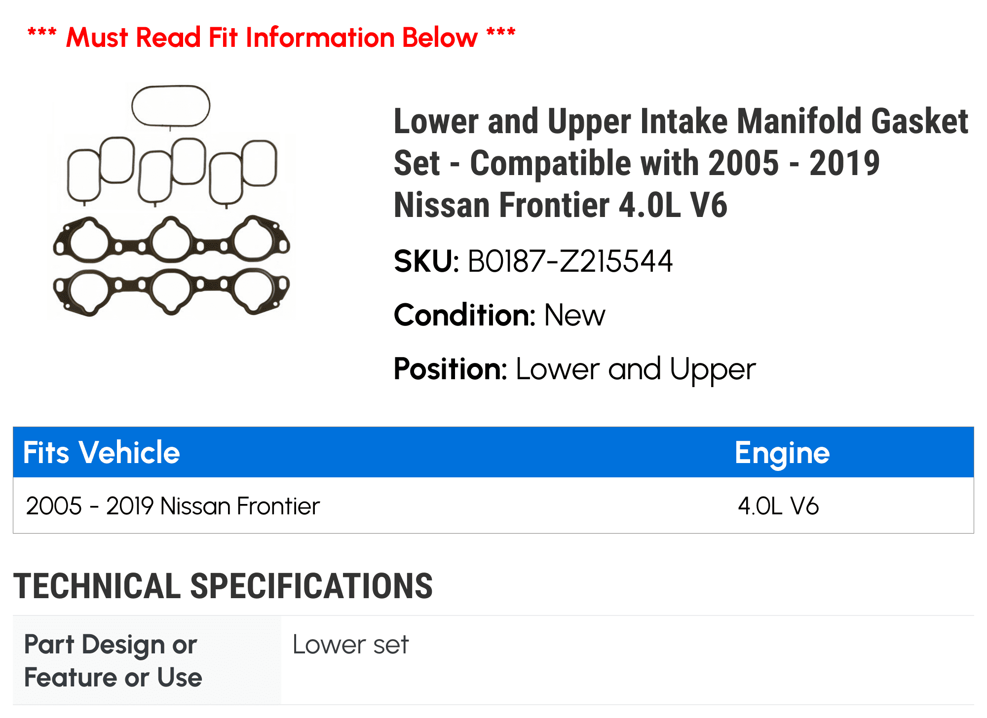 Lower and Upper Intake Manifold Gasket Set - Compatible with 2005 - 2019 Nissan Frontier 4.0L V6 2006 2007 2008 2009 2010 2011 2012 2013 2014 2015 2016 2017 2018