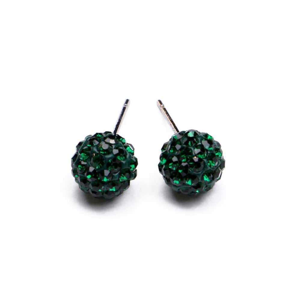 10mm Emerald Green Crystal Ball Stud Earrings In Silver Tone 