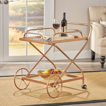 - Noble House Traditional Iron and Glass Bar Cart, Rose Gold