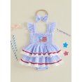 thumbnail image 5 of Newborn Baby Girl 4th of July Outfit Letter Flag Pattern Lace Trim Striped Layered Fly Sleeve Romper Dress Headband Set Infant Summer Clothes, 5 of 9