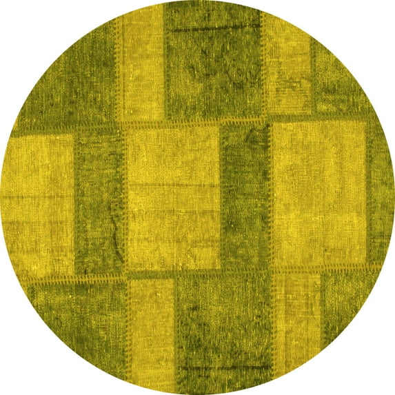 Ahgly Company Machine Washable Indoor Round Patchwork Yellow Transitional Area Rugs, 7' Round