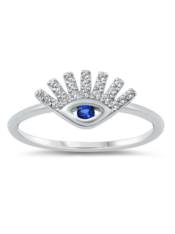 Simulated Sapphire And Clear Cubic Zirconia Evil Eye Ring Sterling Silver Size 6