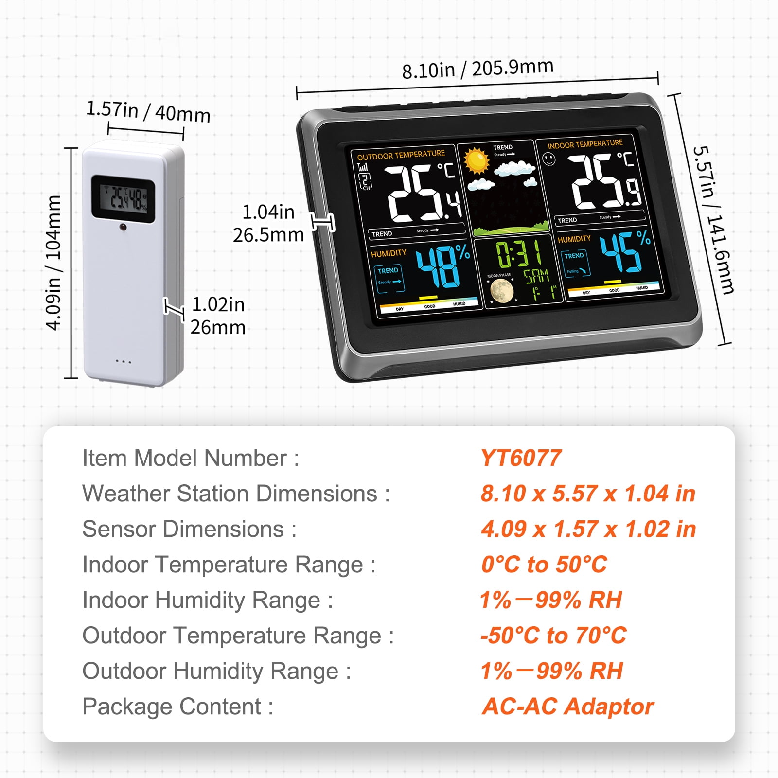 VEVOR 7-in-1 Wireless Weather Station with Sensor Atomic Clock, Indoor/Outdoor Temperature, Indoor/Outdoor Humidity, Personalized Forecast