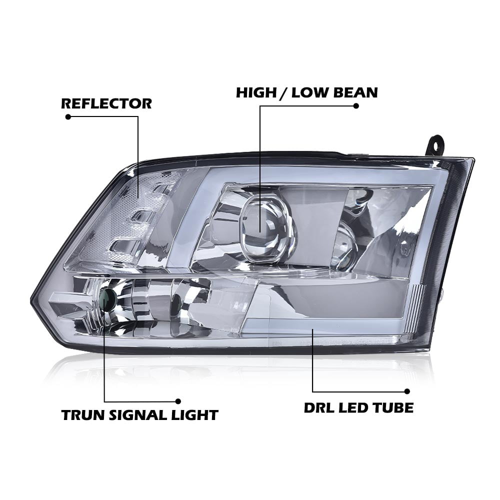 PIT66 LED Headlights Fit for 2009-2012 Dodge Ram 1500 2500 3500 (Only Fits for Quad Headlamps Models) Headlamp Assembly Smoky Lens Chrome Housing Clear Reflector