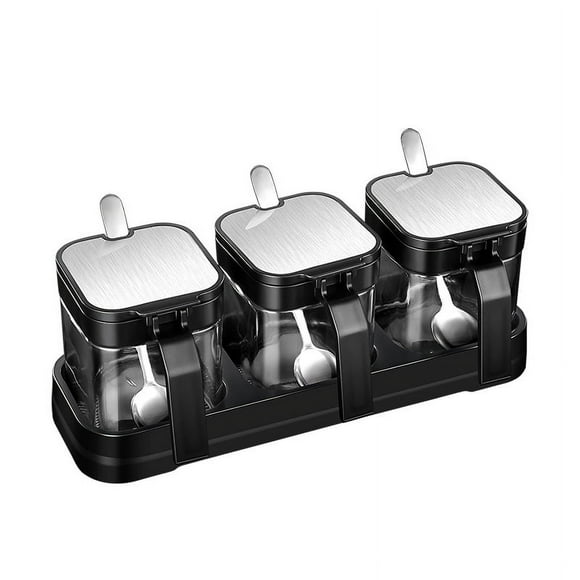 Seasoning Box Set, Modern Unique Style Glass Canisters with Stainless Steel Lid and Spoon, Clear Condiment Jars for Home Cafeteria