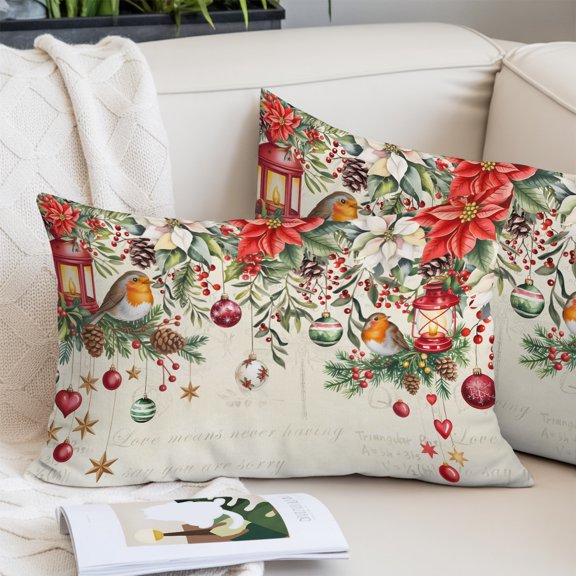 Red Christmas Lumbar Pillow Covers 12x20 Inch, Xams Tree Winter Poinsettia Pine Cones Farmhouse Decorative Pillowcase with Zipper, Microfiber Pillow Protector Throw Pillowcases for Couch Sofa Bed