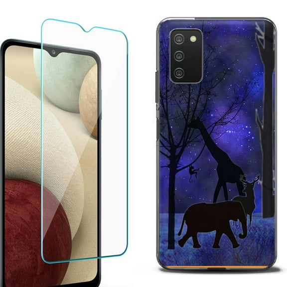 Slim-Fit Protective Fashion Phone Case (Black) for Samsung Galaxy A03s, with Tempered Glass Screen Protector, by OneToughShield ® - Midnight Safari