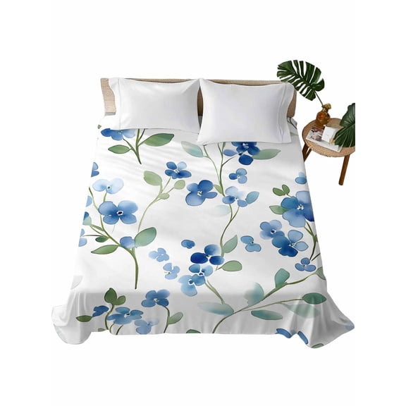 California King Flat Sheet 108"x98", Spring Blue Floral Soft Lightweight Bedding Flat Sheets Only, Ombre Garden Flower Botanical Blooms Brushed Microfiber Top Bed Sheet, Breathable Bedsheets