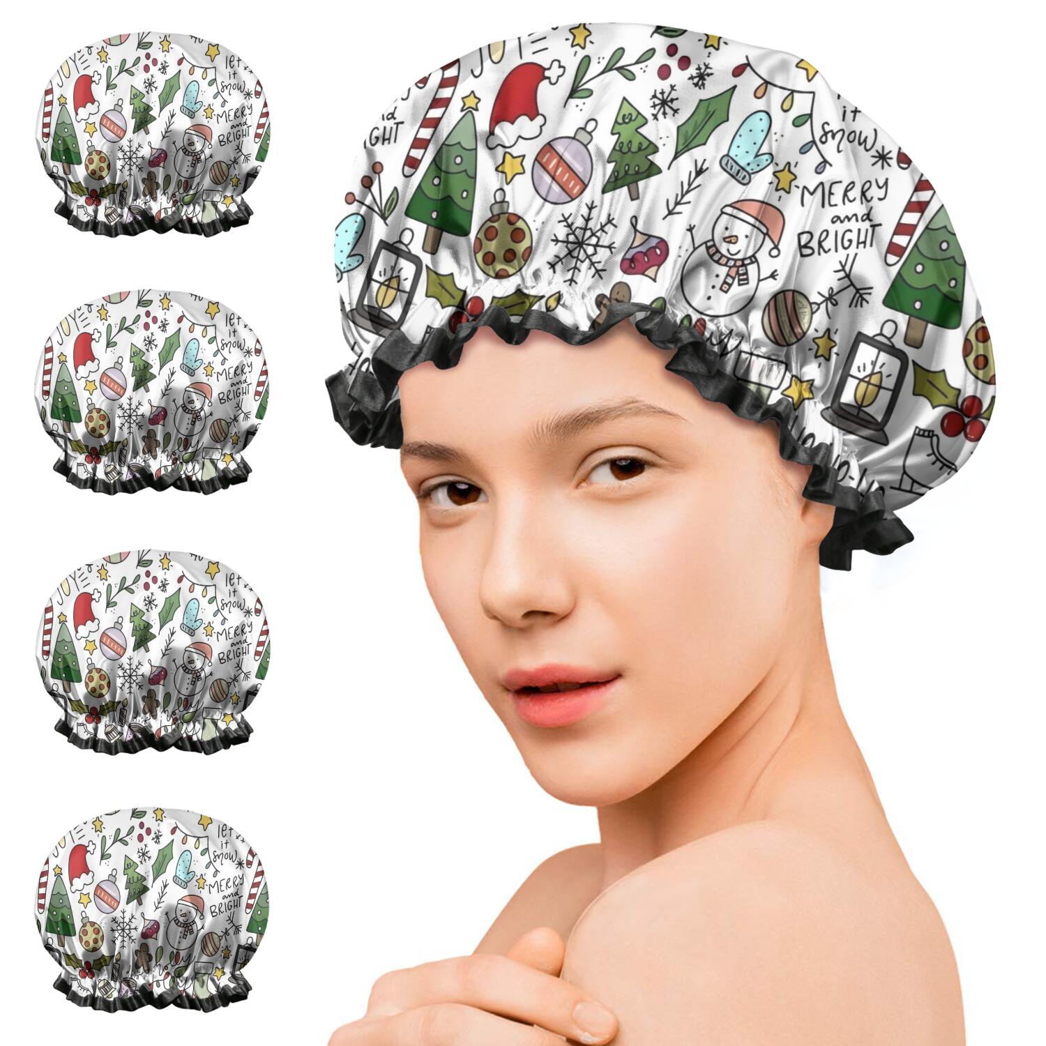 Shower Caps,Multicolor Christmas Pattern Waterproof Shower Cap for Women 4 Pieces,Double Reusable Hair Cover for Shower PEVA Elastic Stretch Hem