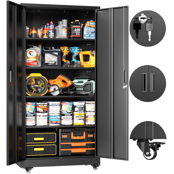 SOLAURA 73 in Metal Storage Cabinet with Wheels, Garage Rolling Cabinet with Locking Doors and 4 Adjustable Shelves, Lockable Tool Storage Cabinets for Garage, Home, Office(Black)