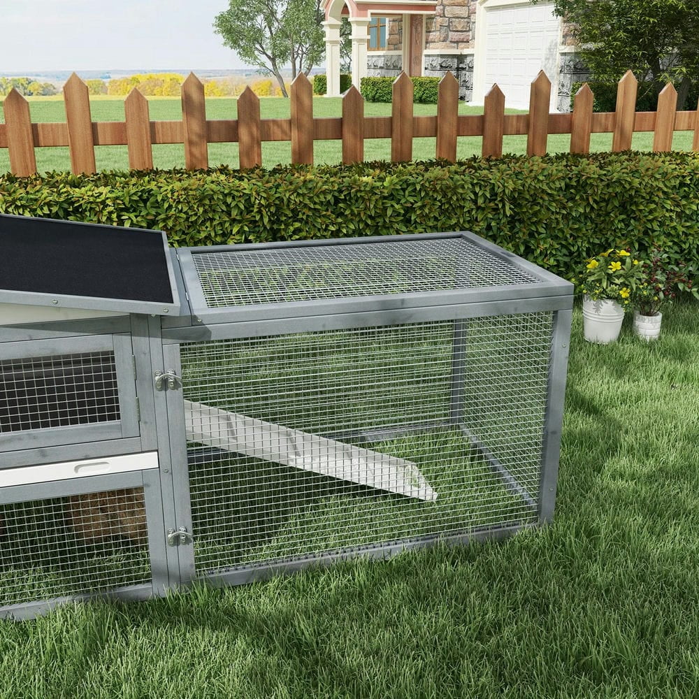 Topcobe Large Rabbit Cage Outdoor 61"L Guinea Pig Hutch w/ Run Feeding Trough Removable Tray Ramp Asphalt Roof, Outdoor Wooden Pet Shelter, White