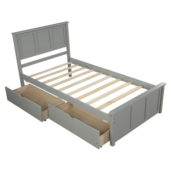 Dtwnek Twin Size Wood Platform Bed Frame with 2 Drawers, Gray
