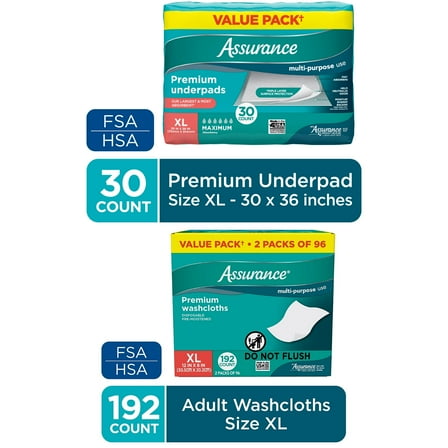Assurance Unisex Premium Underpads (30) and Washcloths (192) for Adults, XL