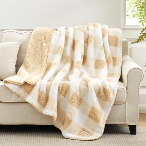 Luxury Sherpa Throw Blanket for Couch, Premium Reversible Buffalo Plaid Thick Throw, Warm Cozy Soft Blanket for Home and Gifts (Beige, 50" x 60")
