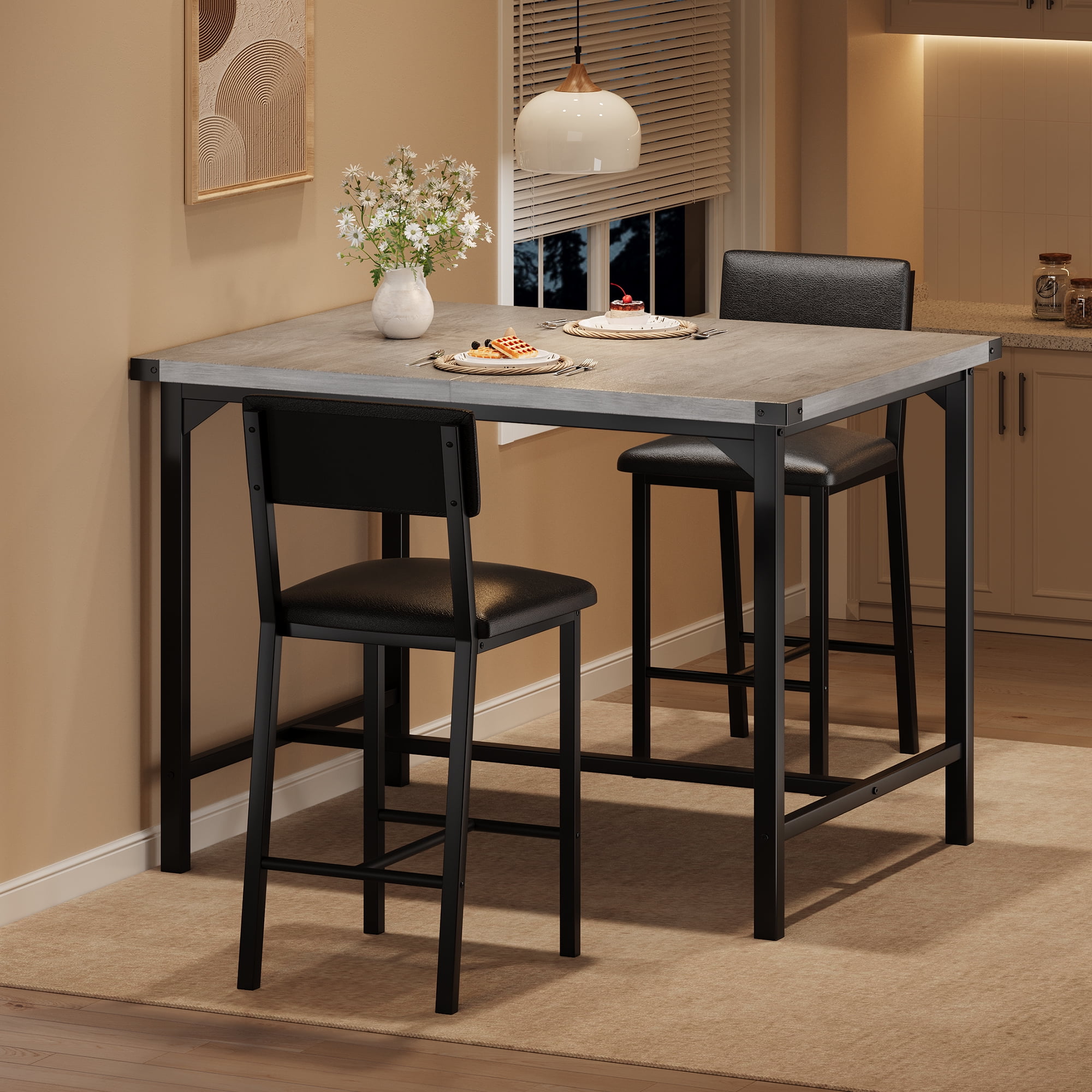 Space-Saving 3-Piece Counter Height Dining Table Set for 2 – Padded Stools with Backrest & Footrest, Metal Frame, Corner Protectors – Kitchen Table and Chairs for Small Dining Room or Apartment
