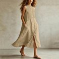 thumbnail image 2 of Women Solid Sleeveless Pleated Midi Dress, Front Button Split Flowy Long Dress, Summer Casual Vacation Sundress Khaki XL(XL), 2 of 6