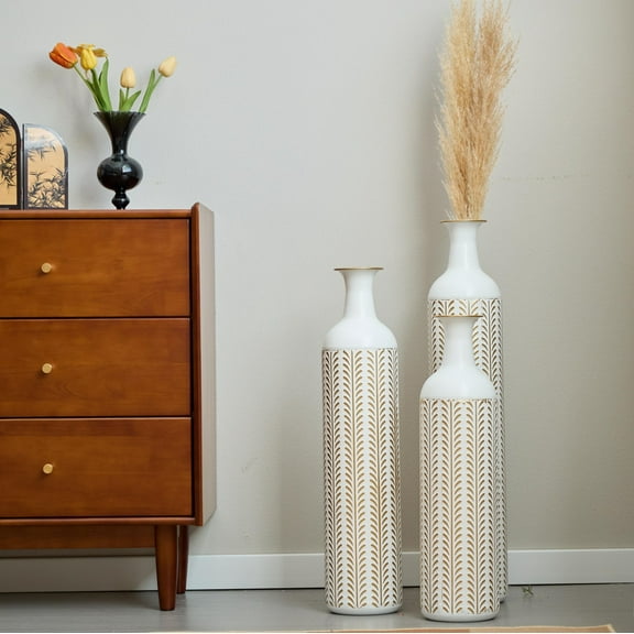 AENKYO 3-Piece Metal Floor Vase Set, Modern Cylinder Decorative Vases for Home Décor, White & Gold