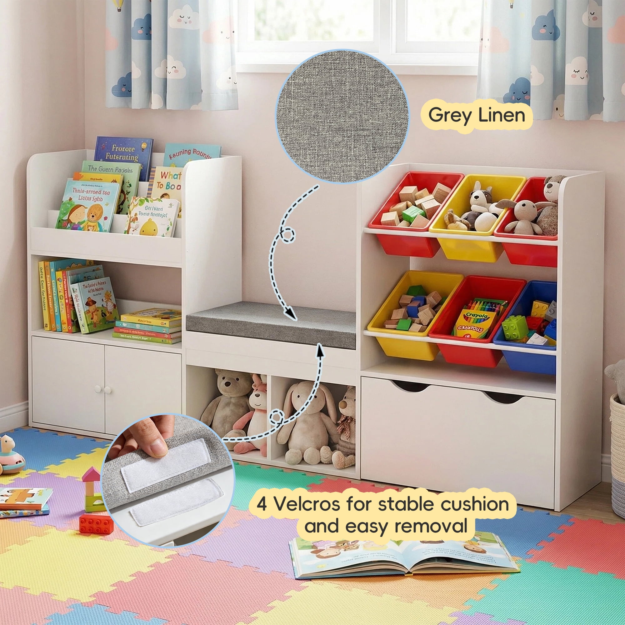 Reasea Kids Bookshelf with Reading Nook & Storage Bench, 73 Inch Toy Organizer with Movable Drawer & 6 Removable Bins, Montessori Reading Corner Furniture(Colorful Toy Bins)
