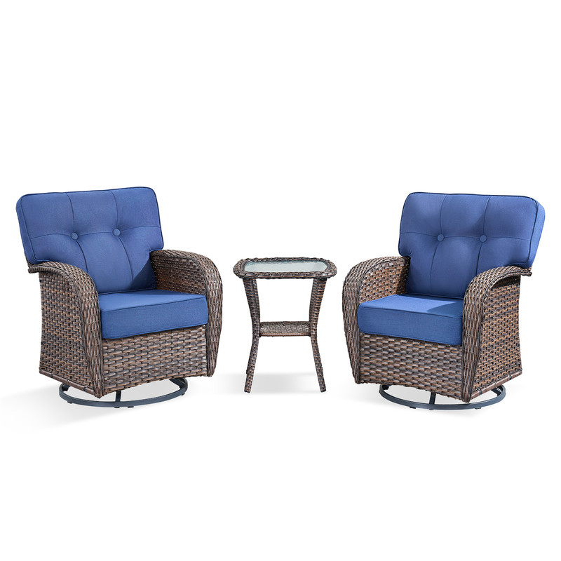 PARKWELL 3 Pieces Patio Furniture Set, Outdoor Swivel Gliders Rocker, All-Weather Wicker Bistro Set with Rattan Rocking Chair, Glass Top Side Table and 5" Thick Cushion for Porch Deck, Brown/Navy