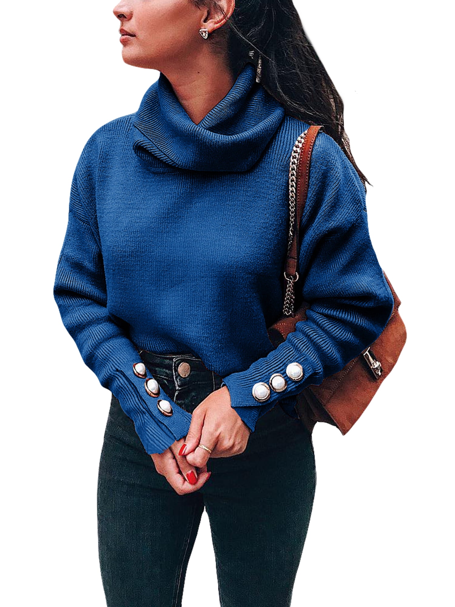 Turtle Neck Sweater Buttons Sleeve 