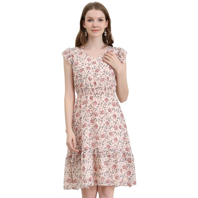INSPIRE CHIC Women's Flutter Sleeves V Neck Smocked Waist Ruffle Floral Dresses