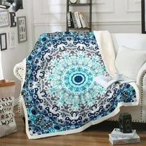 Bohemian Paisley Blanket Hippie Mandala Throw Blanket for Bed, Vintage Persian Fleece Blanket Boho Oriental Floral Sherpa Blanket, Abstract Watercolor Artwork Fuzzy Blanket Turqoise Teal Decor